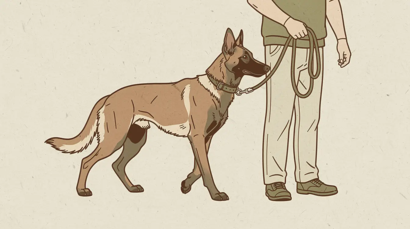 Illustration of an adult Belgian Malinois walking calmly beside its new owner