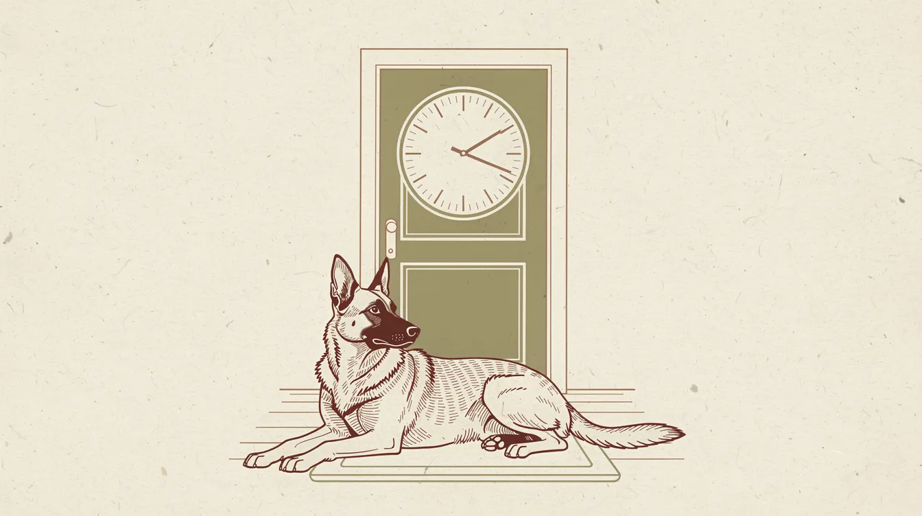 Illustration of a Belgian Malinois lying by a front door with a clock motif