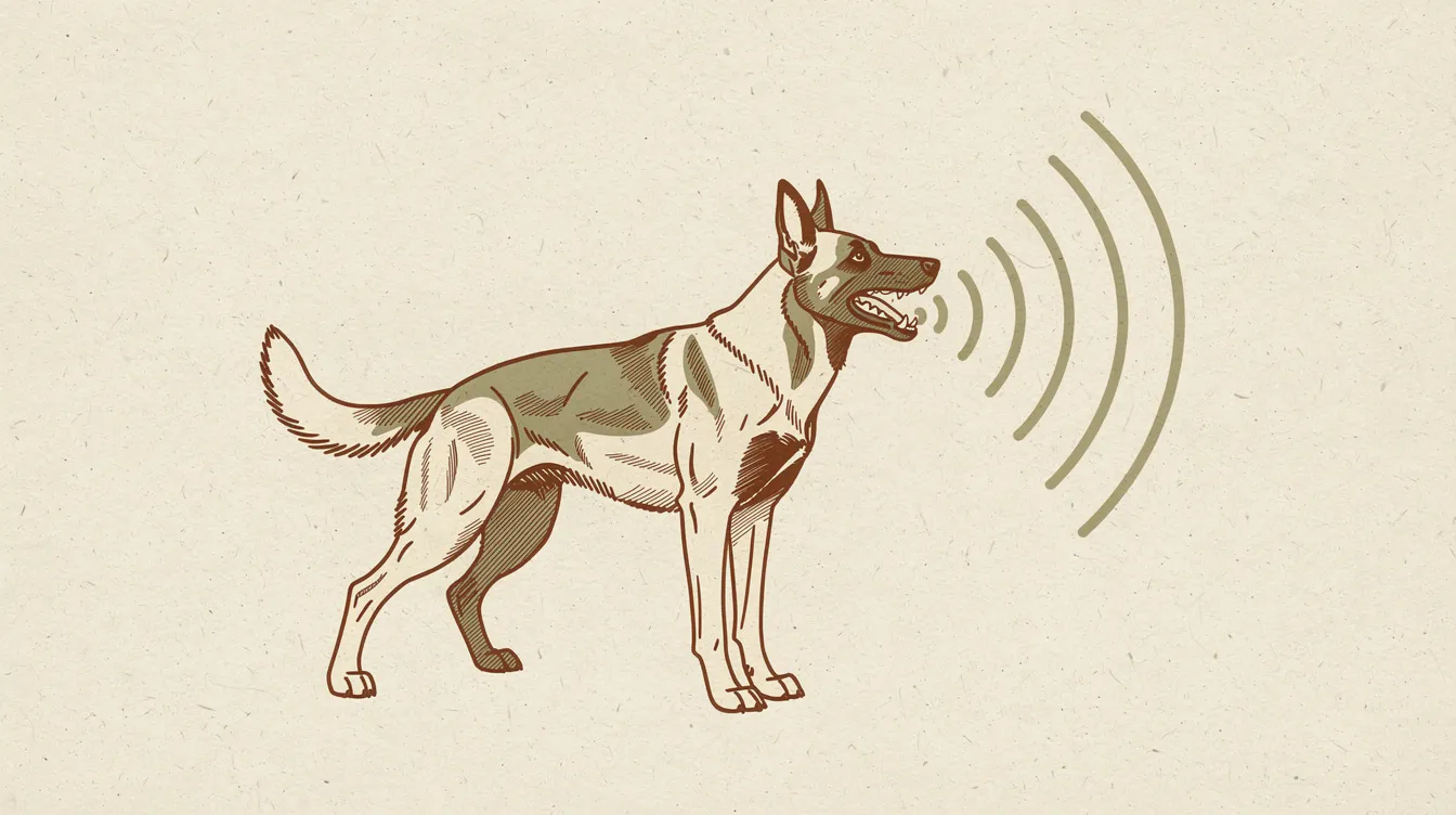Illustration of a Belgian Malinois mid-bark with sound wave lines radiating outward