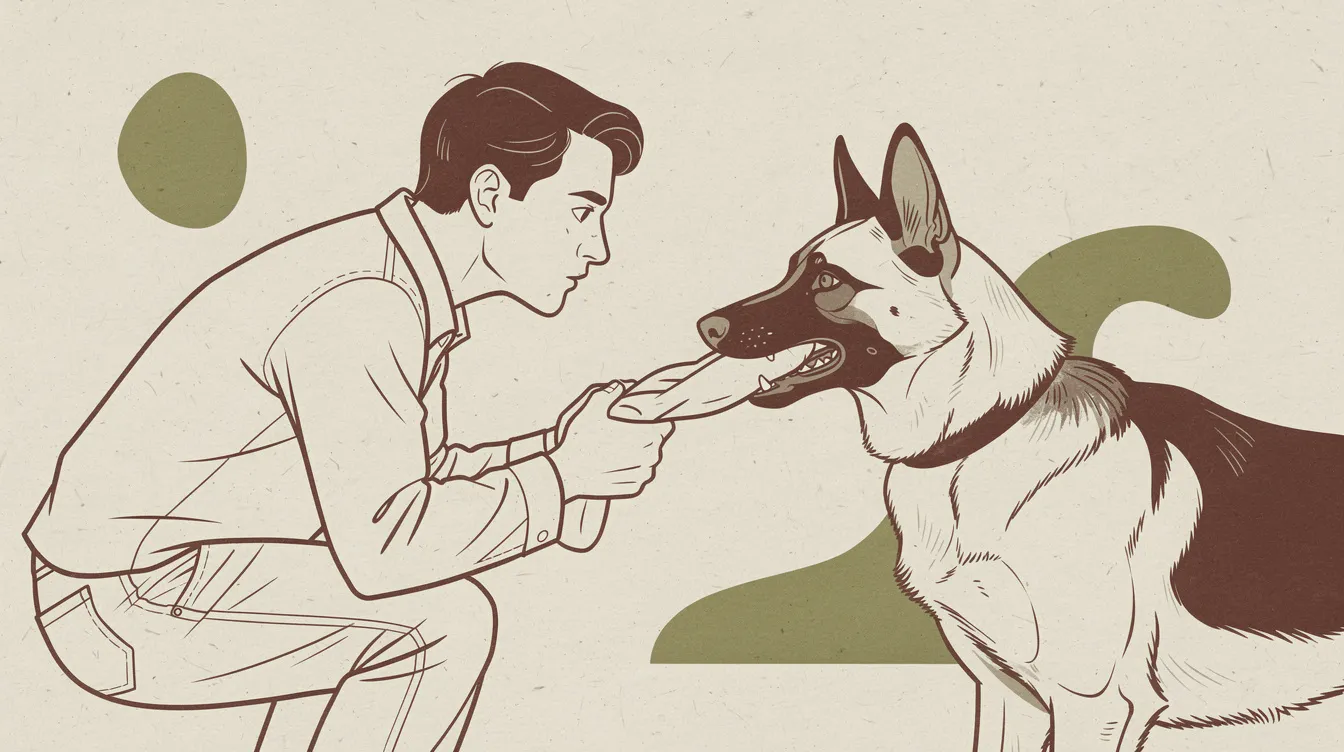 Illustration of a person and a Belgian Malinois facing each other with a tug toy between them
