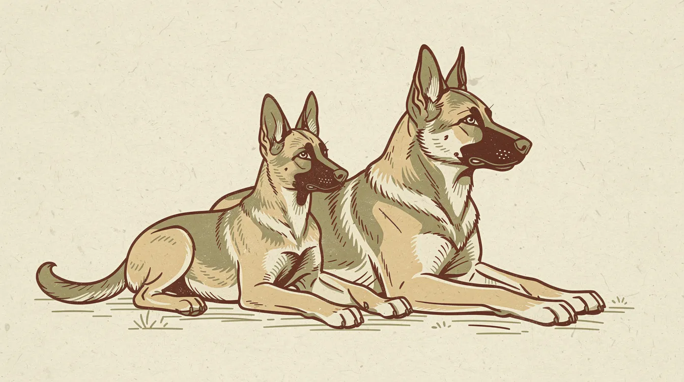 Illustration of a Belgian Malinois puppy and a calm senior dog lying side by side