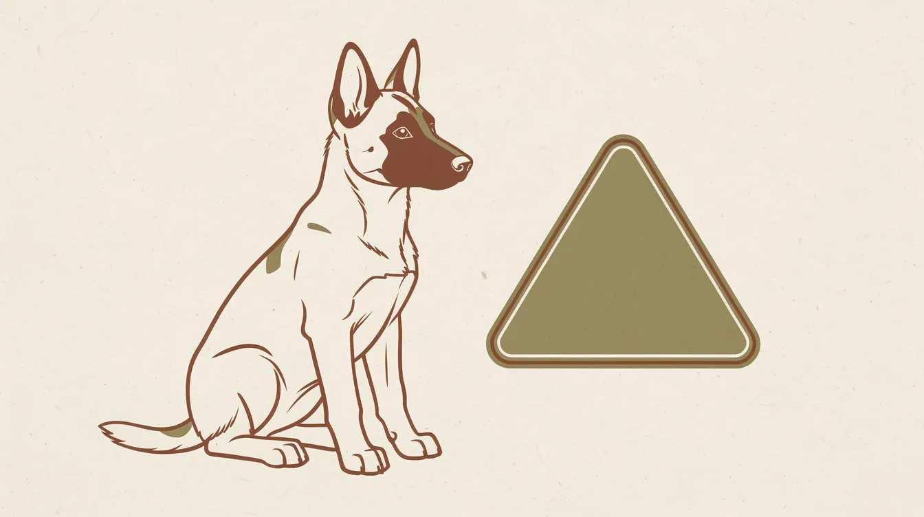Illustration of a Belgian Malinois puppy beside a warning triangle icon