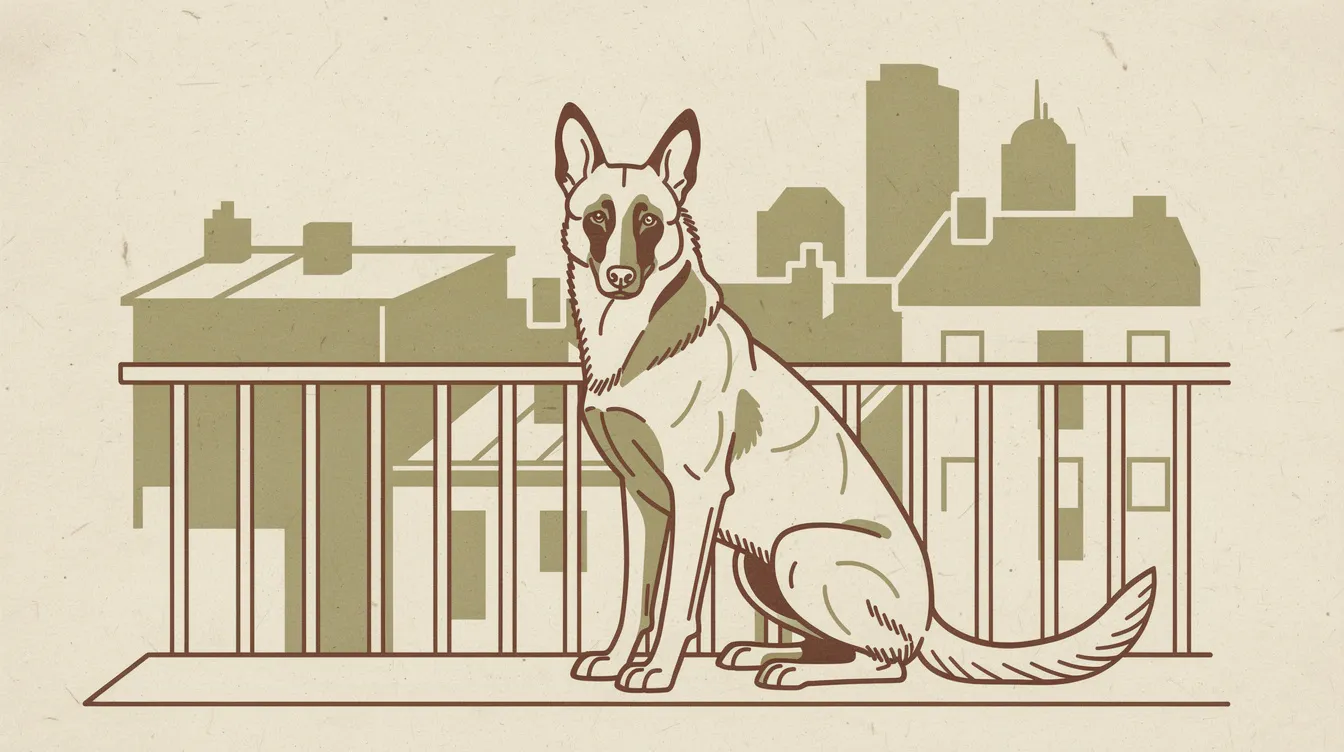 Belgian Malinois sitting on a city apartment balcony
