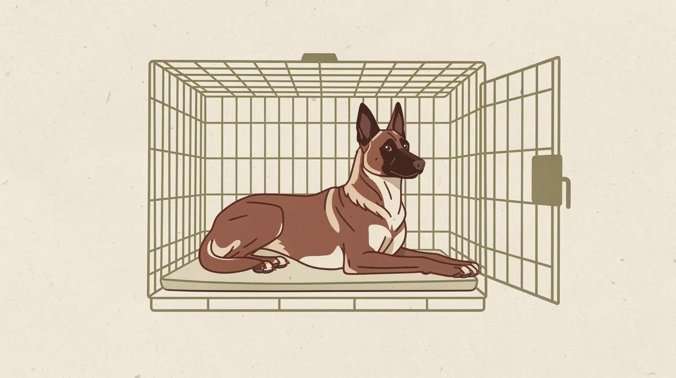 Illustration of a Belgian Malinois lying calmly inside an open wire crate