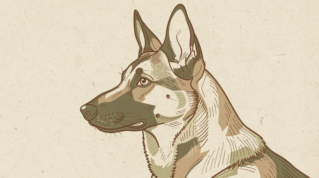 Illustration of a close-up profile of a Belgian Malinois head focusing on upright ears