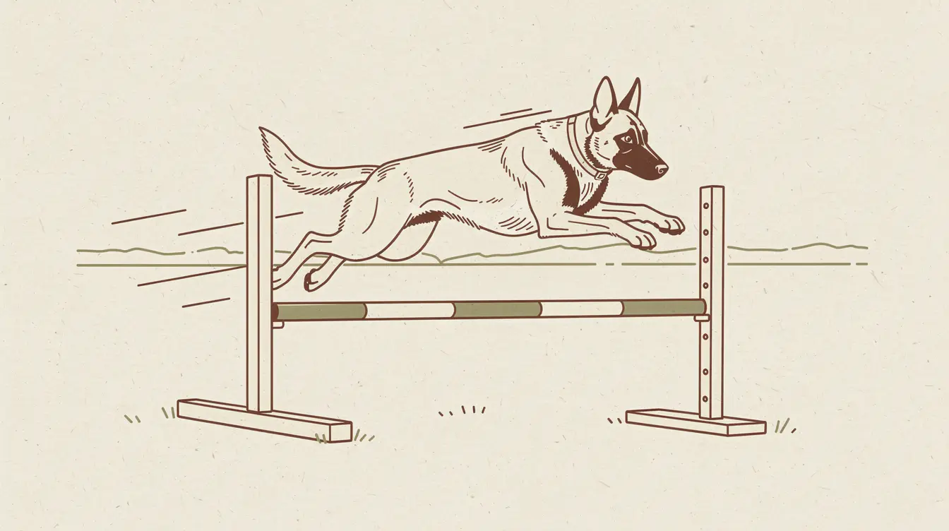 Illustration of a Belgian Malinois leaping over a low agility hurdle