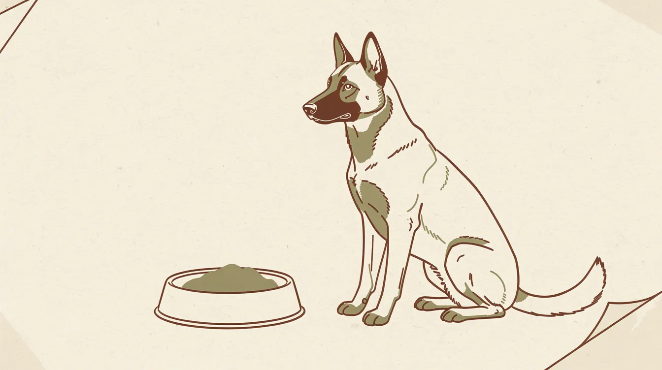 Illustration of a Belgian Malinois sitting beside a filled food bowl
