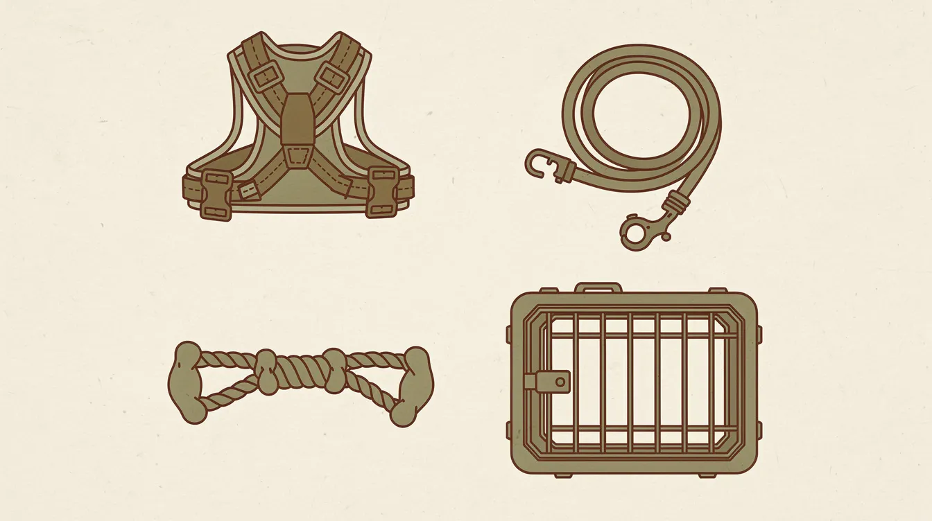 Illustration of a flat-lay arrangement of dog gear: harness, lead, tug toy and crate