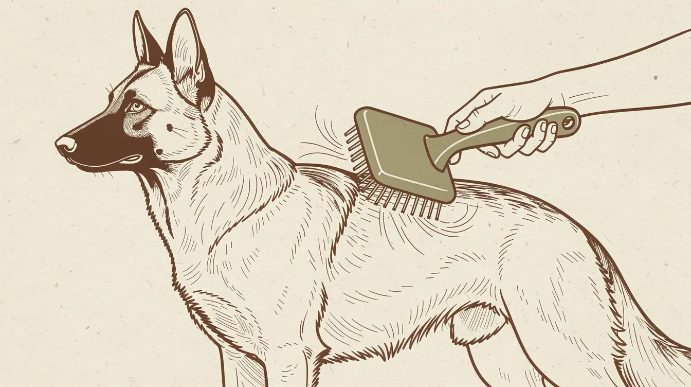 Illustration of a Belgian Malinois being brushed with a slicker brush