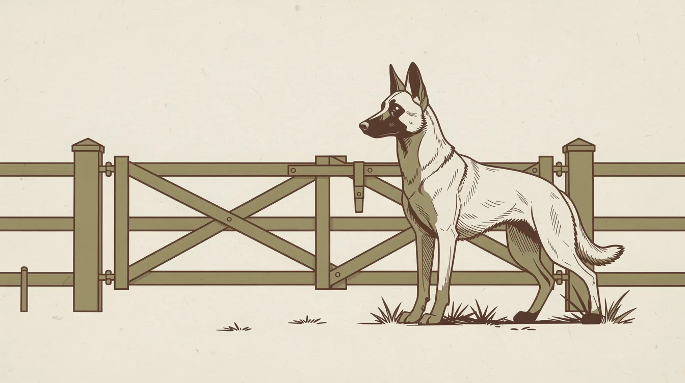 Illustration of a Belgian Malinois standing alert at a gate, watching outward