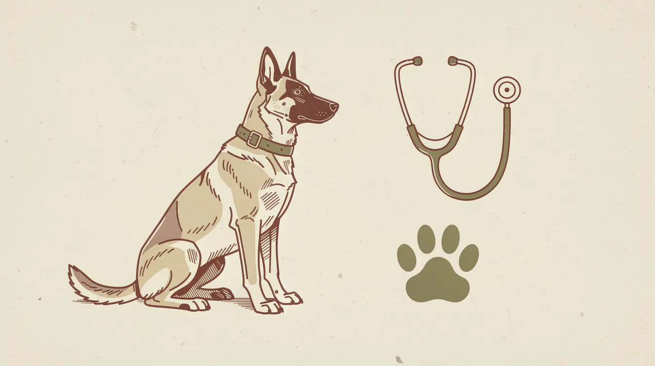Illustration of a Belgian Malinois sitting calmly beside veterinary health icons