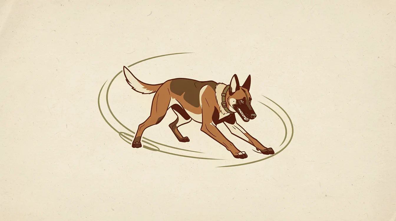 Illustration of a Belgian Malinois in a low herding crouch with circling motion lines