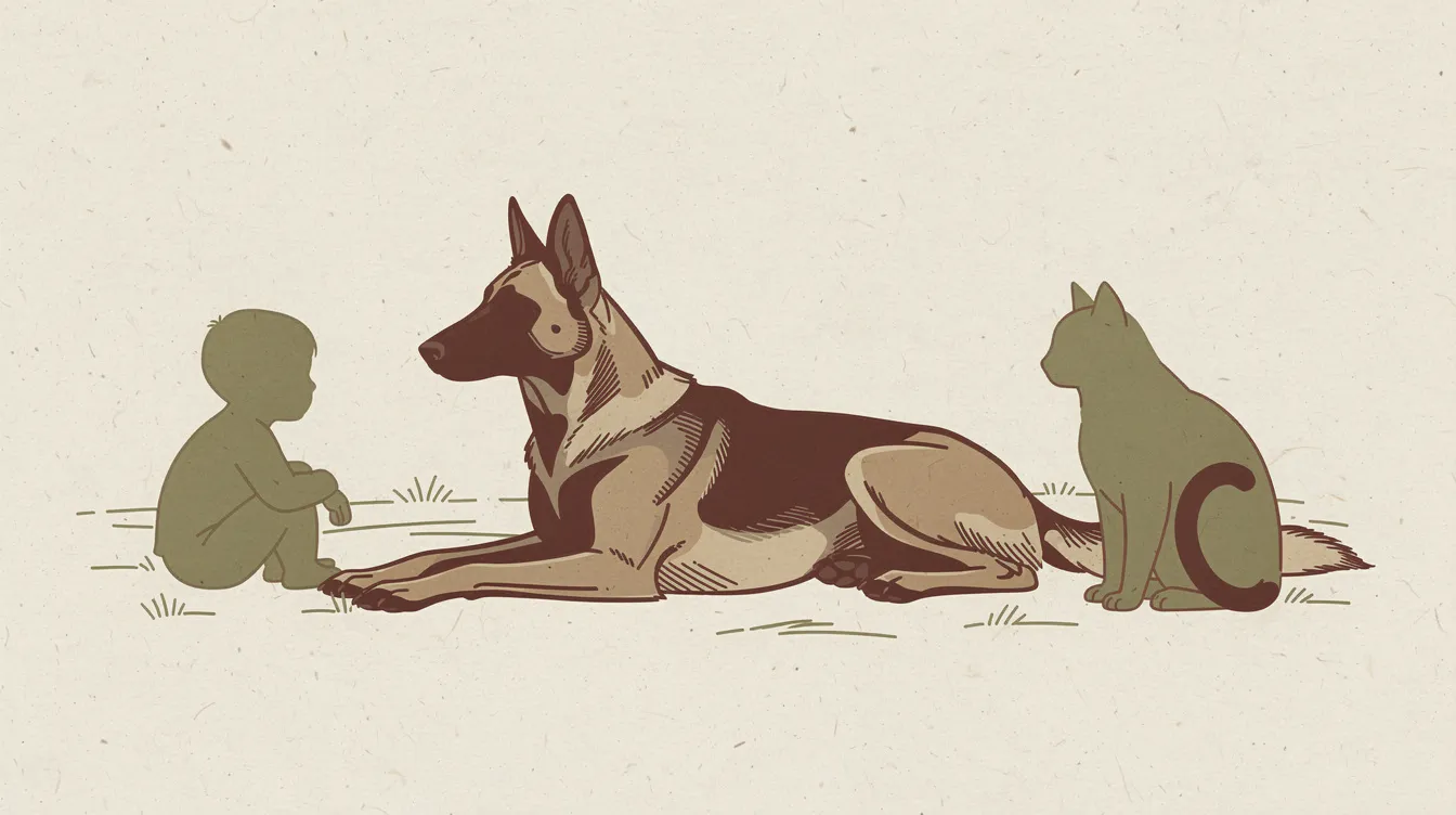 Illustration of a Belgian Malinois lying calmly beside a child and a cat silhouette