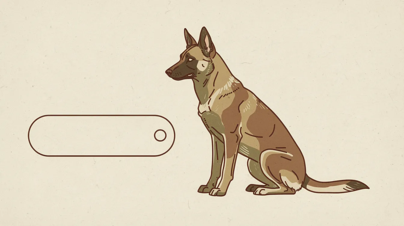Illustration of a Belgian Malinois sitting beside a nameplate shape