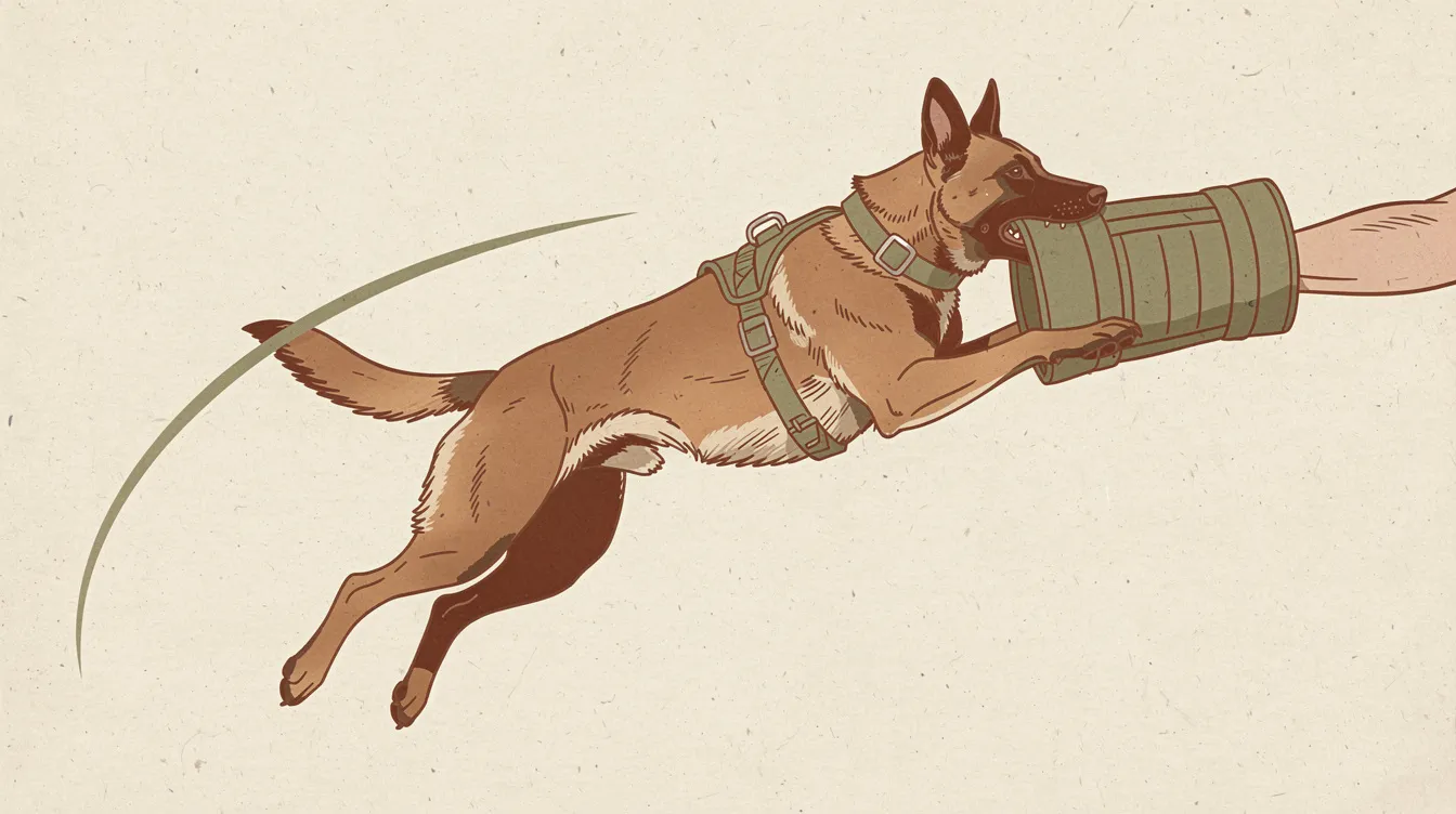 Illustration of a Belgian Malinois mid-air gripping a padded training sleeve