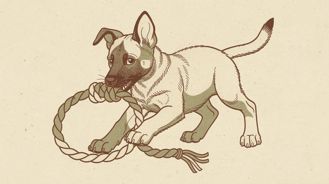 Illustration of a Belgian Malinois puppy gently mouthing a rope toy