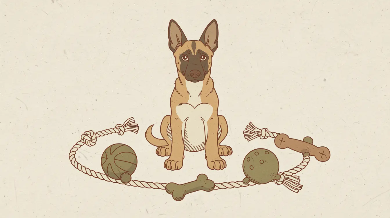 Illustration of a Belgian Malinois puppy sitting among scattered toys