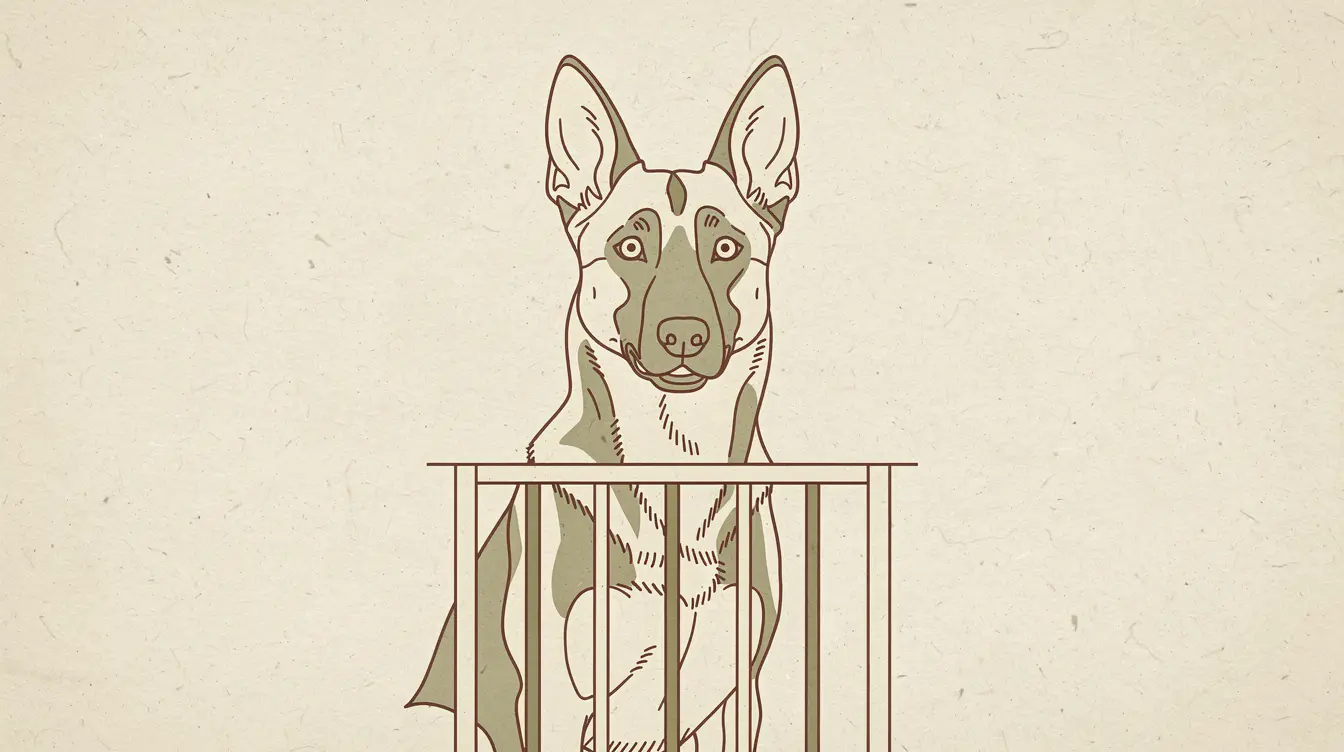 Illustration of a Belgian Malinois looking out from behind a kennel gate