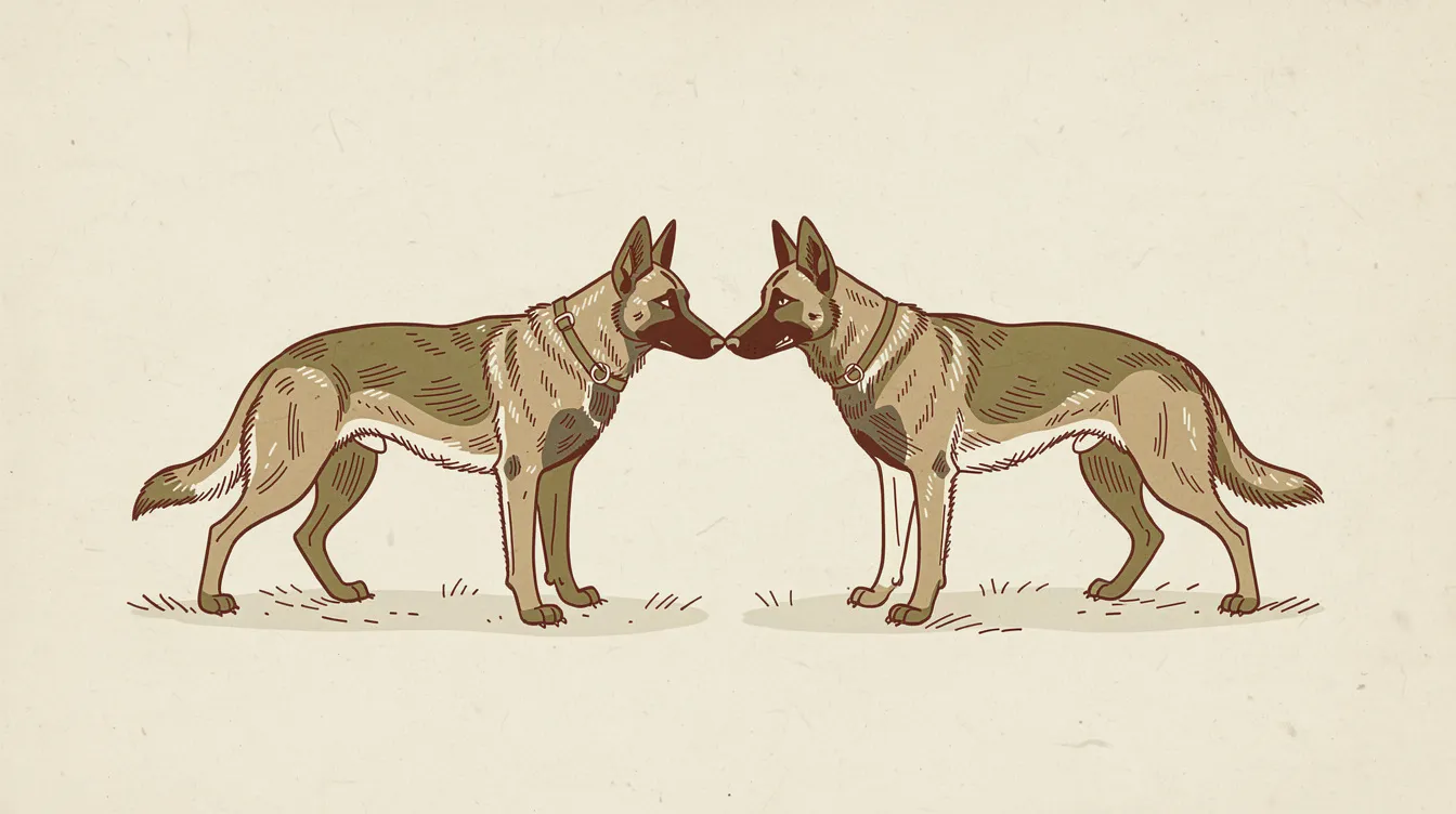 Illustration of two Belgian Malinois-type dogs meeting nose to nose