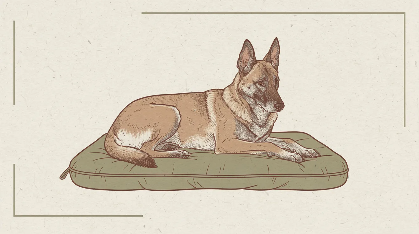 Illustration of a greying-muzzled senior Belgian Malinois resting on a cushion