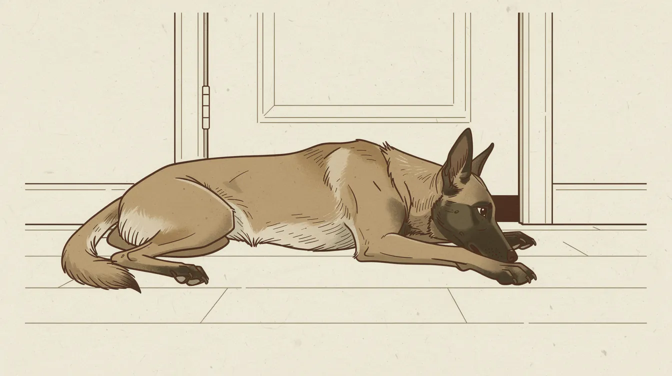 Illustration of a Belgian Malinois lying against a closed door, waiting quietly