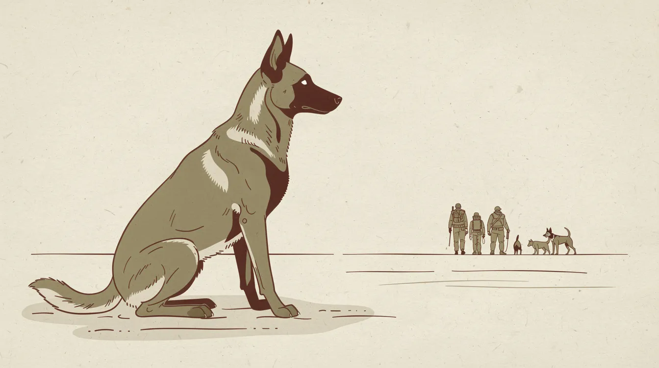 Illustration of an adult Belgian Malinois calmly observing distant figures