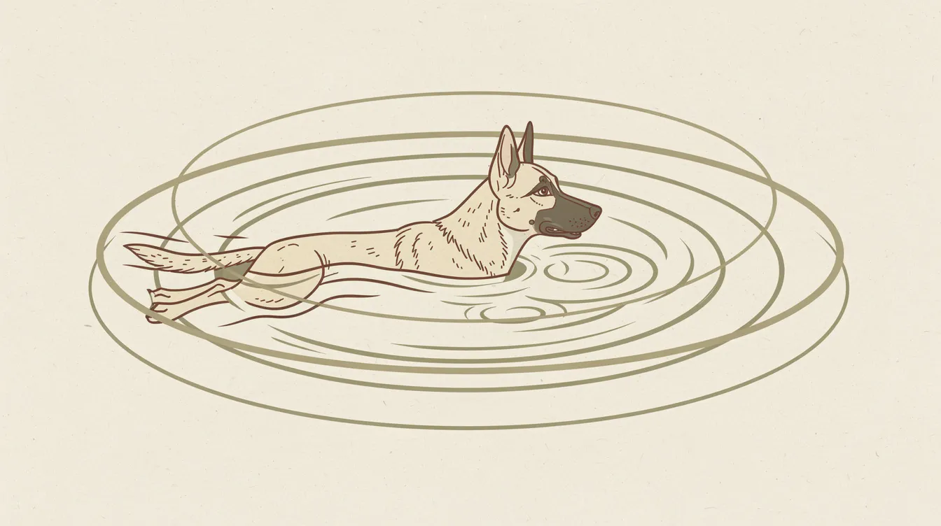 Illustration of a Belgian Malinois swimming with ripples radiating outward