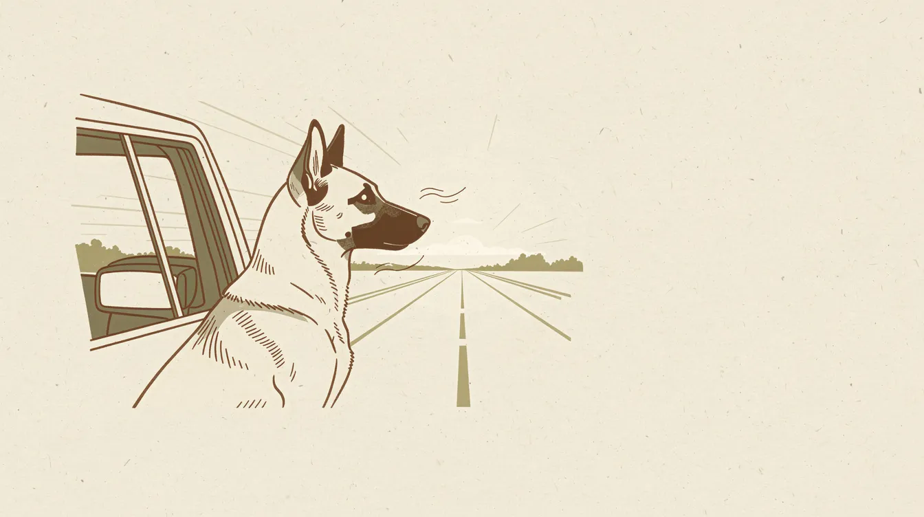 Illustration of a Belgian Malinois sitting in a car beside an open window