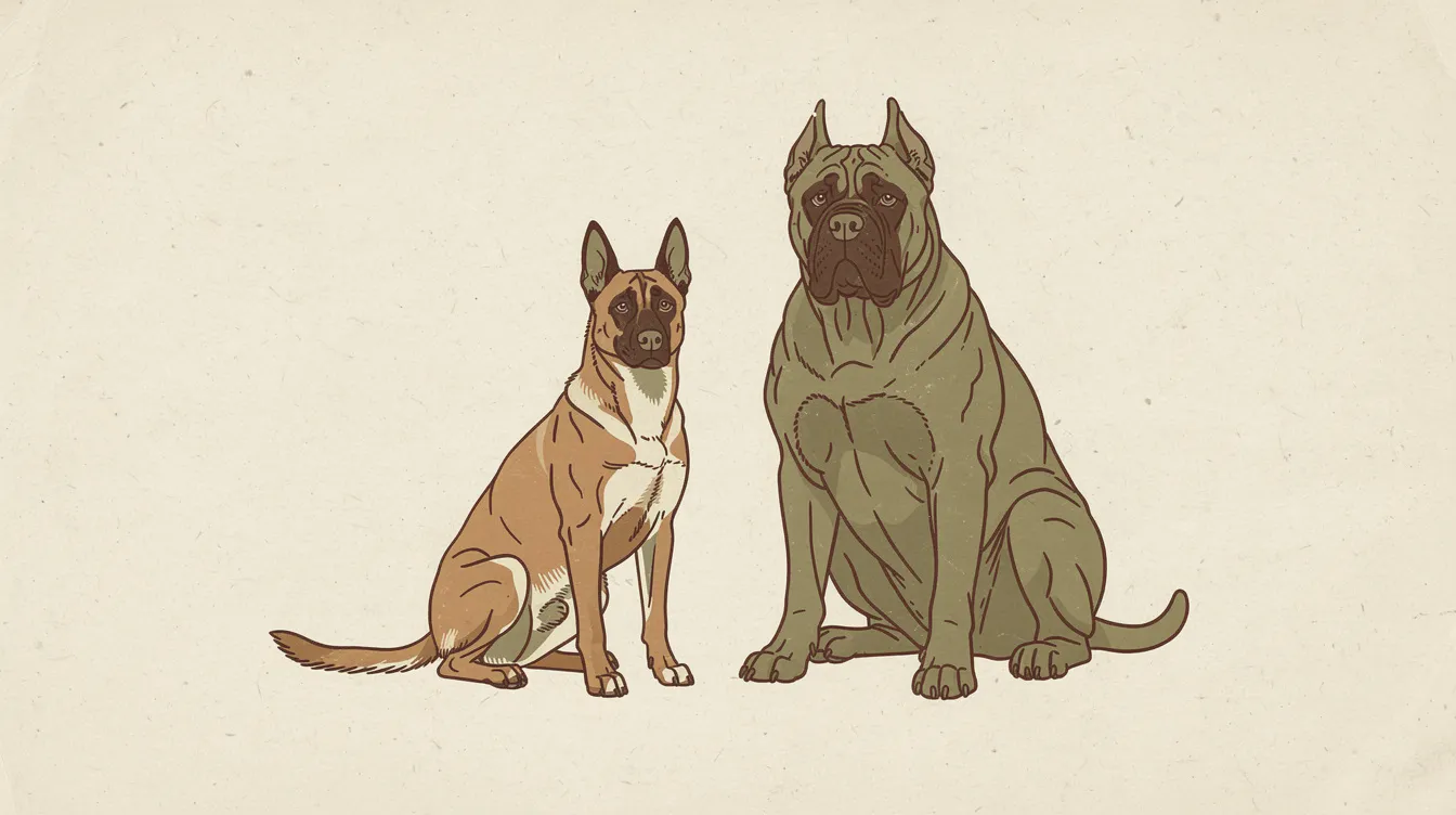 Illustration of a Belgian Malinois and a much larger Cane Corso sitting side by side