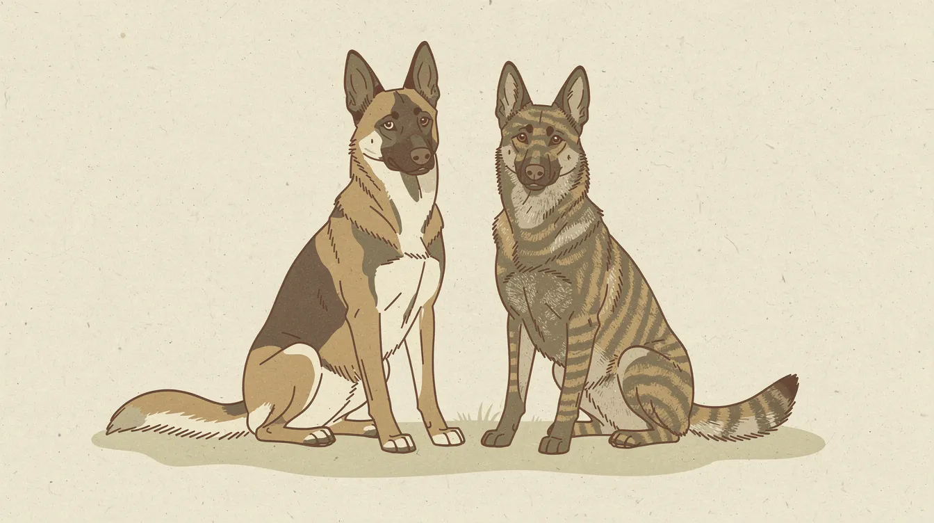 Illustration of a Belgian Malinois and a brindle-coated Dutch Shepherd sitting side by side