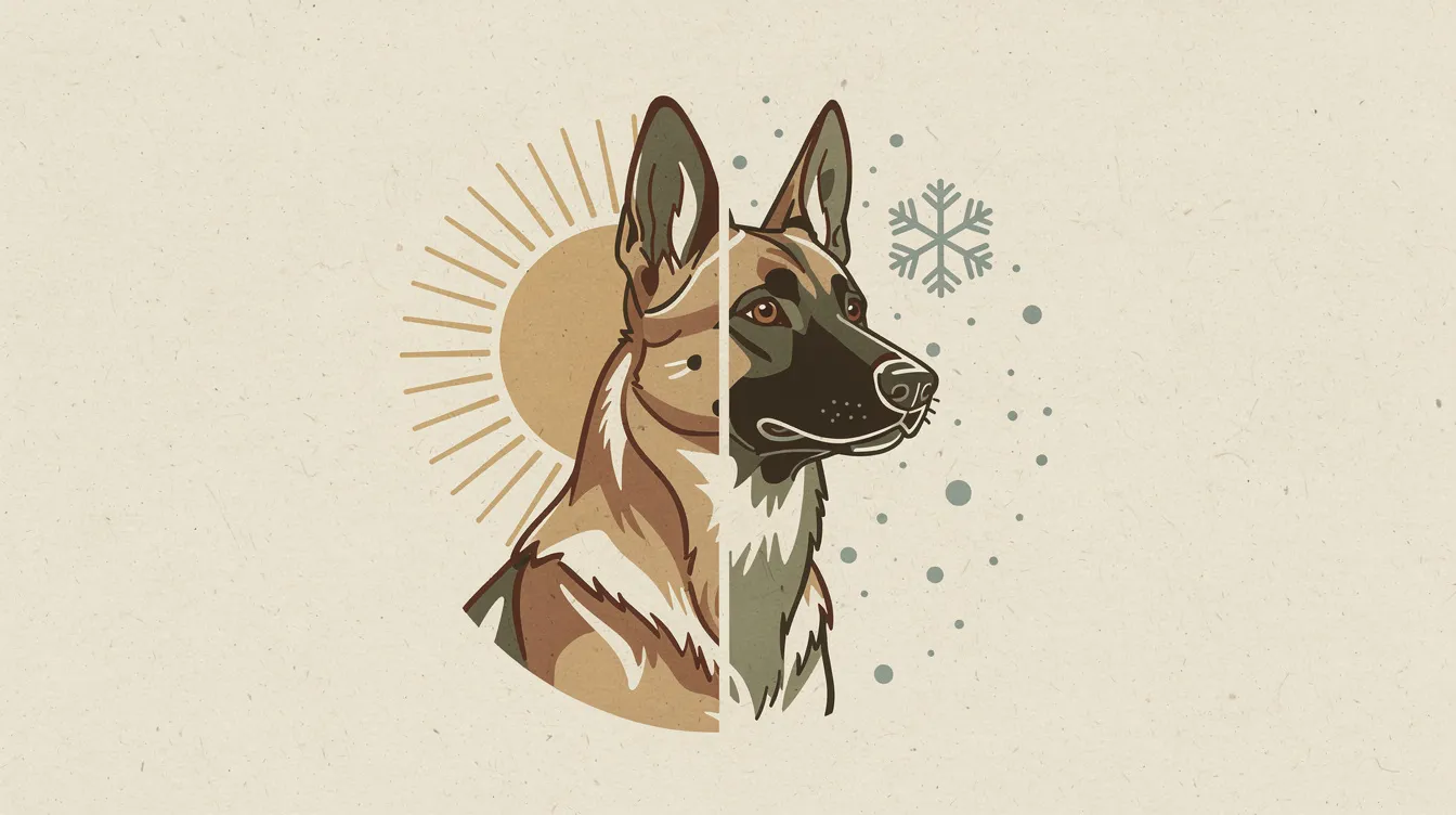 Illustration of a Belgian Malinois in a split composition showing warm and cold weather