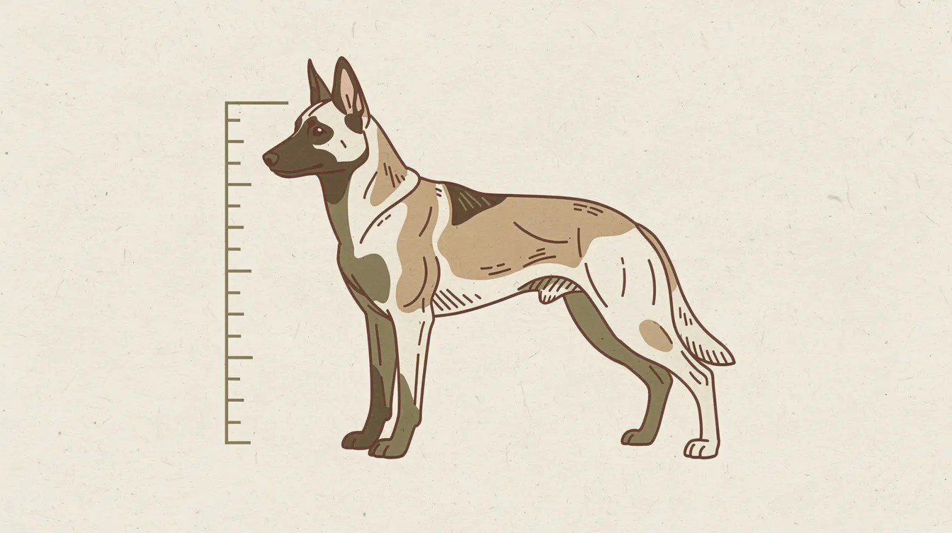 Illustration of a Belgian Malinois beside a measuring scale and height marker