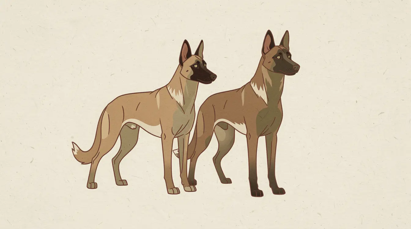 Illustration of two Belgian Malinois with contrasting build and posture