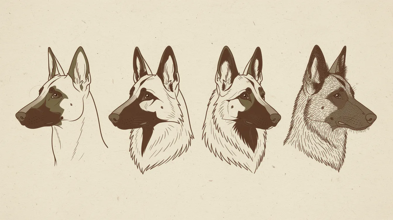 Illustration of four Belgian Shepherd head profiles showing different coat types