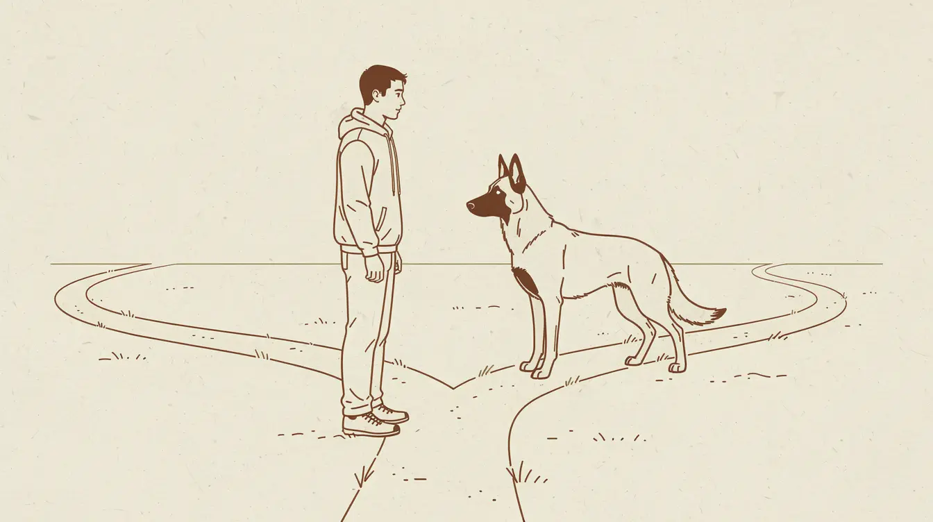 Illustration of a person and a Belgian Malinois facing each other at a decision point